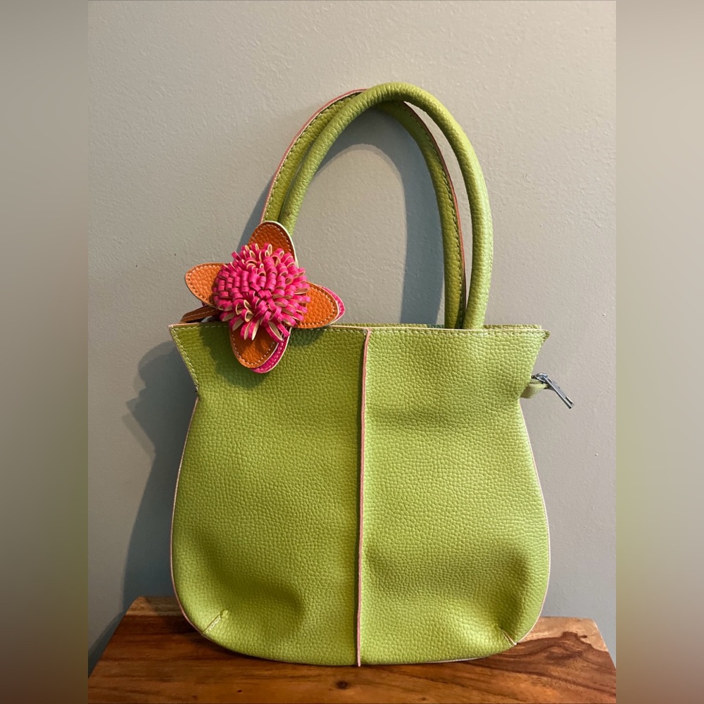 Women’s mellow world green pink orange leather stitched handbag shoulder purse
